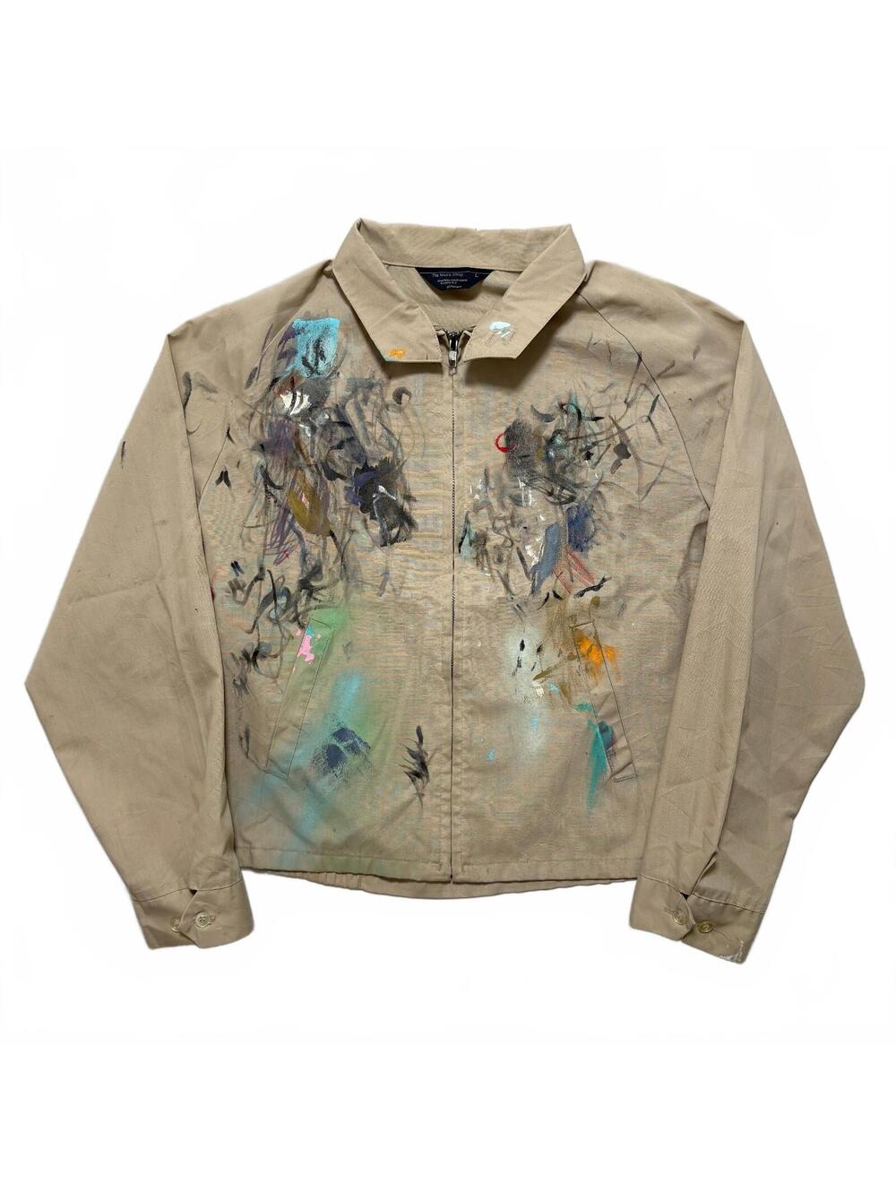 VTG 70's JCPenney Distressed Paint Splatter Zip Up Work Jacket Men's L Beige